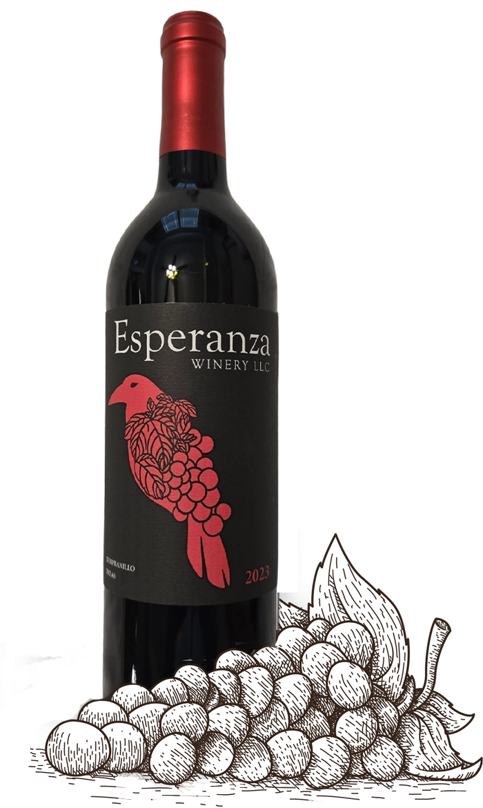 Picture of Esperanza Tannat Wine behind grapes